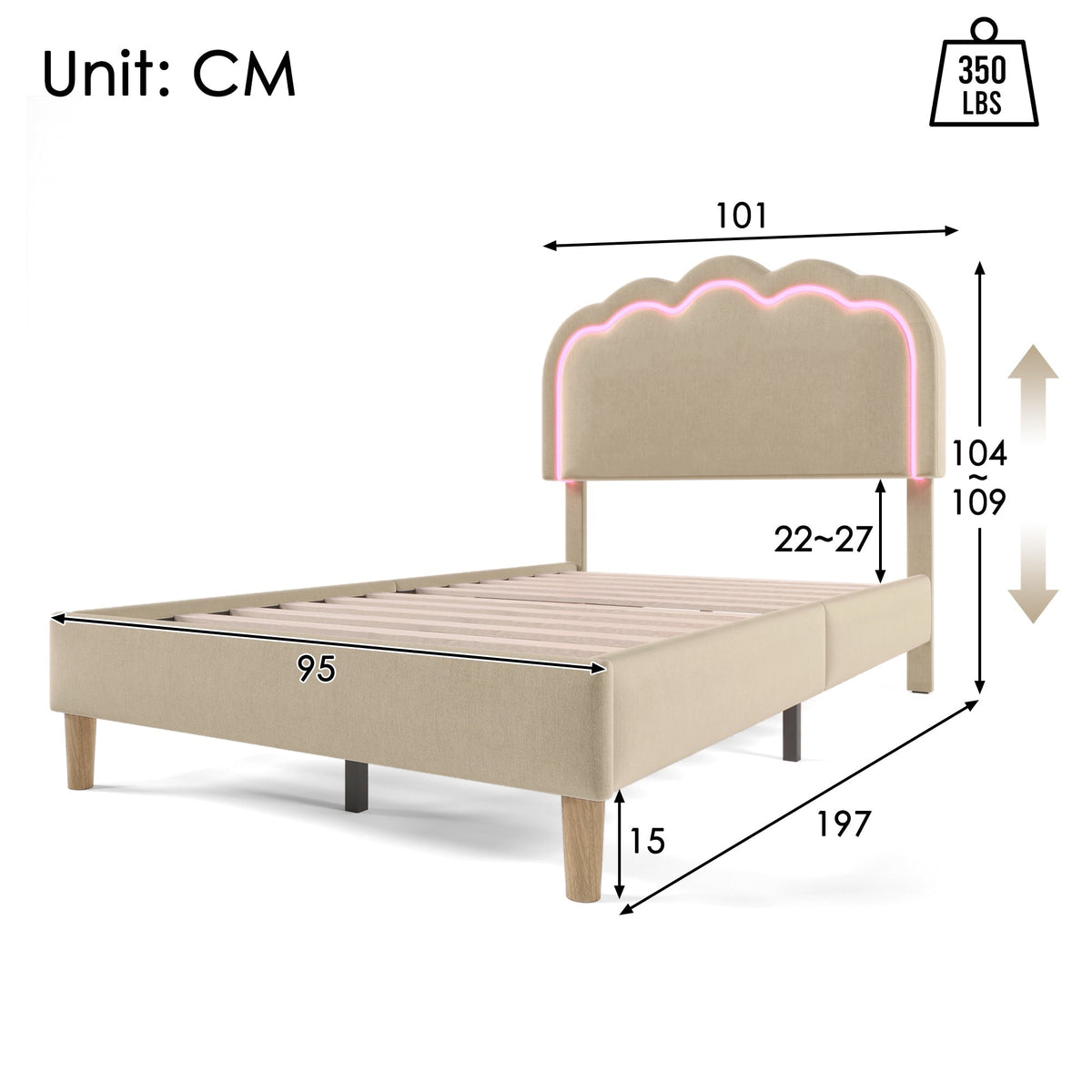 Upholstered Bed LED Single 90 x 190 cm with Adjustable Headboard, Beige Linen