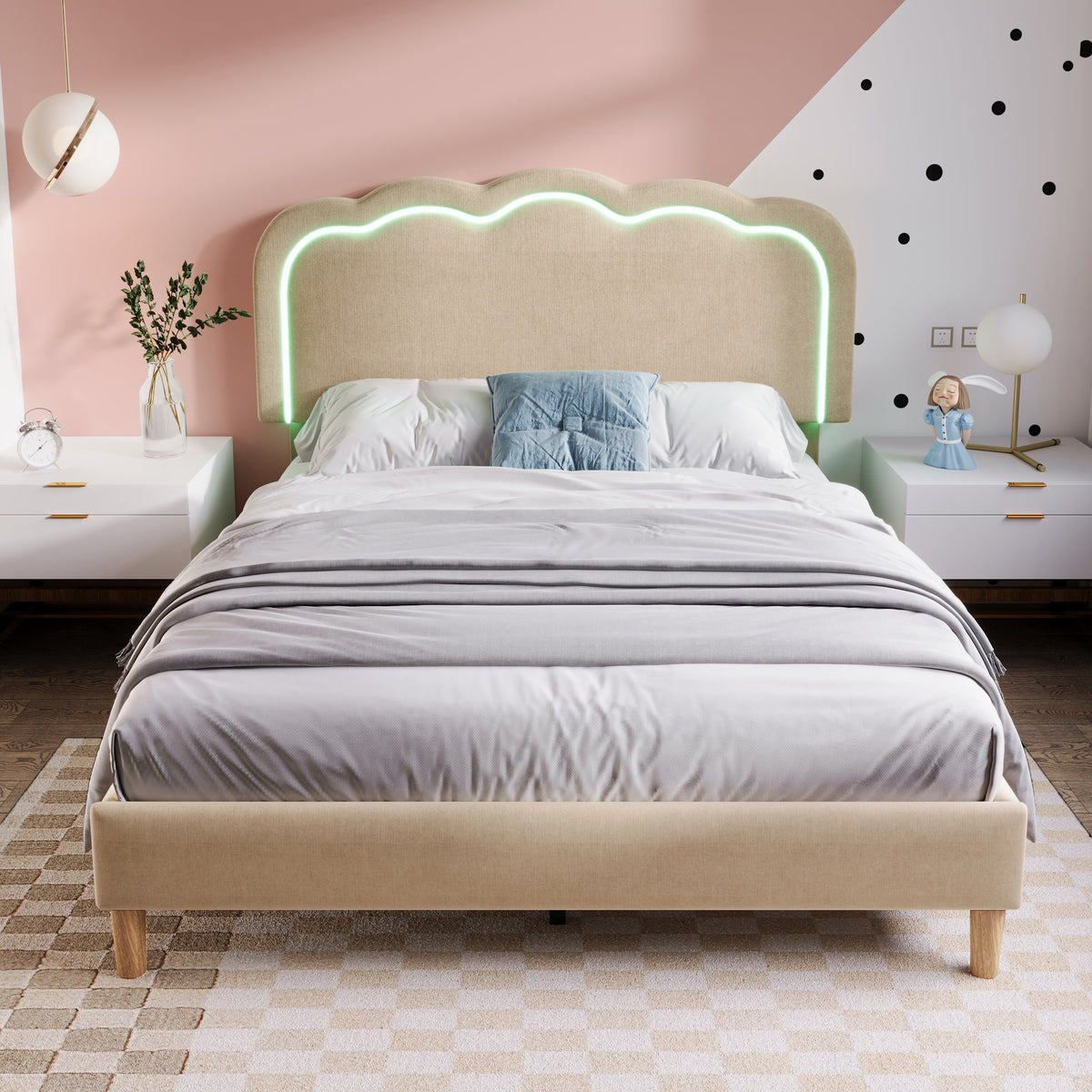 Upholstered Bed, 140x200cm LED Double with Adjustable Headboard, Beige Linen
