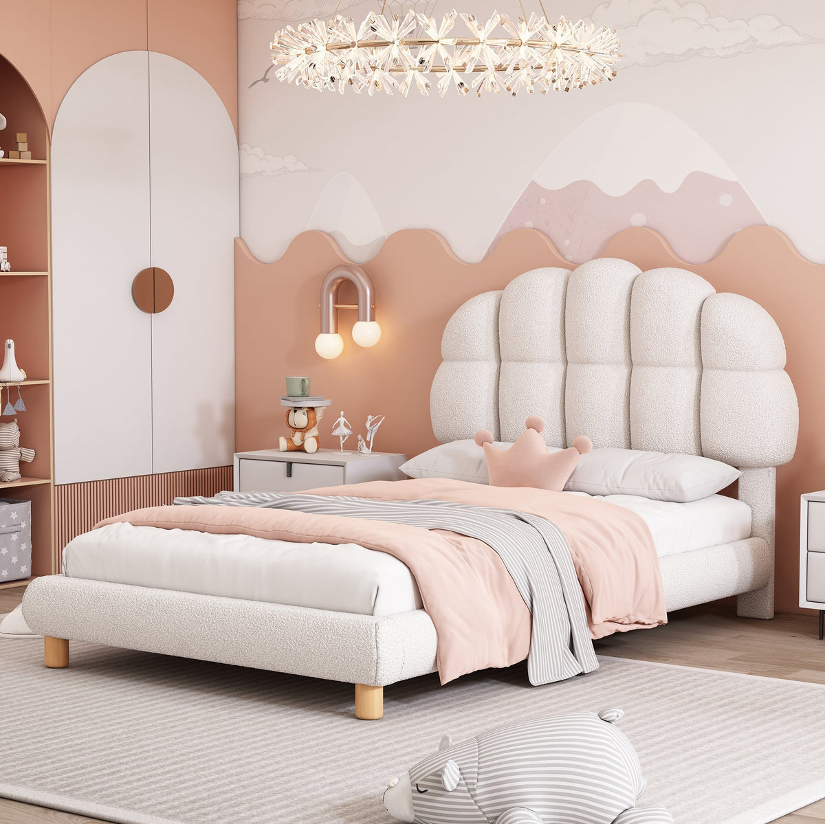 Upholstered Single Bed 90x200cm Wooden Slatted Frame Imitation Fleece White
