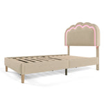 Upholstered Bed, LED single bed 90x200cm with slatted frame and adjustable headboard, beige linen