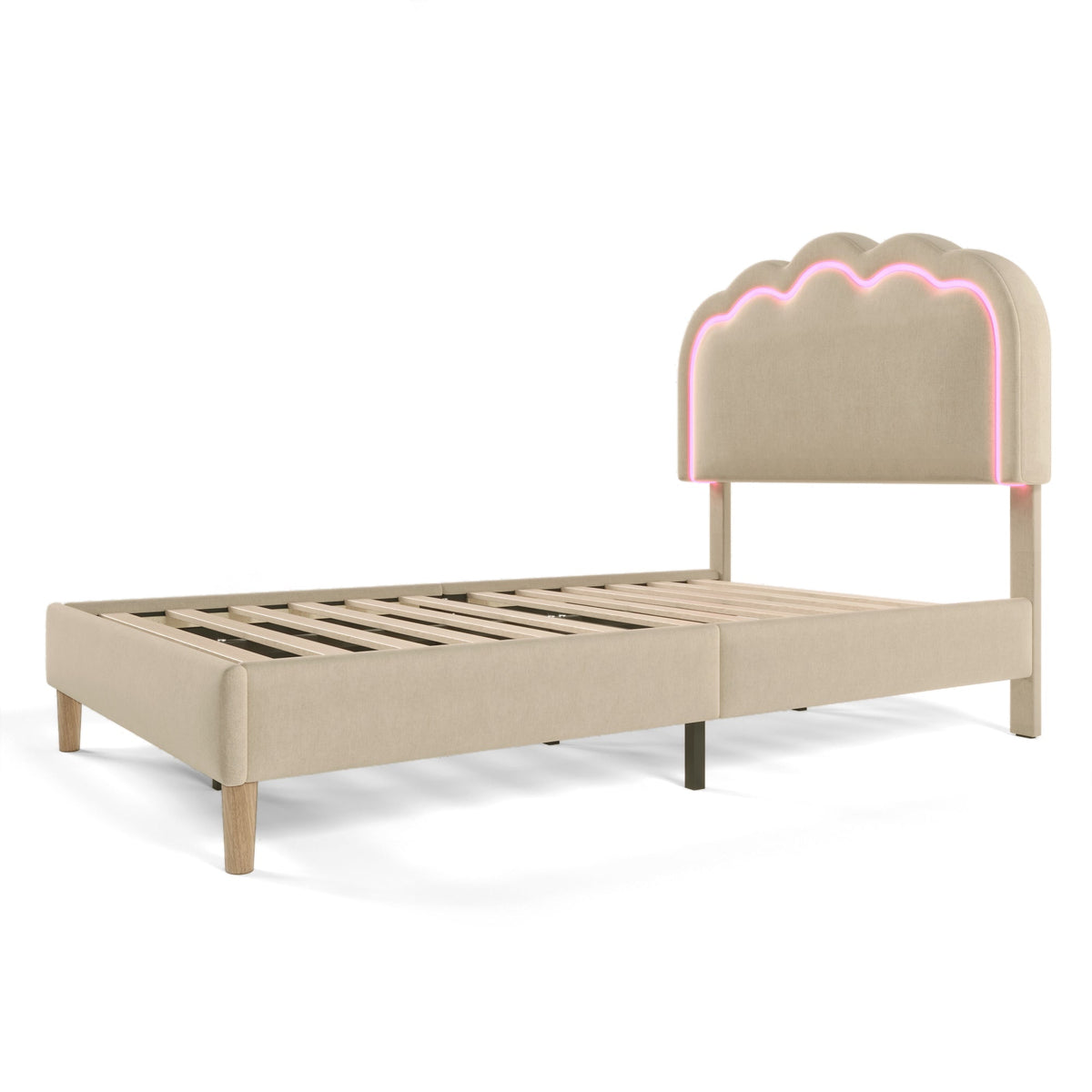 Upholstered Bed, LED single bed 90x200cm with slatted frame and adjustable headboard, beige linen