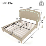 Upholstered Bed, 140x200cm LED Double with Adjustable Headboard, Beige Linen