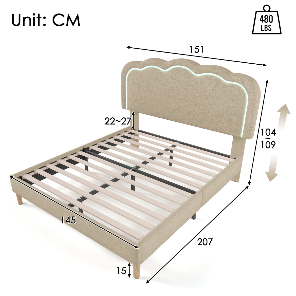 Upholstered Bed, 140x200cm LED Double with Adjustable Headboard, Beige Linen