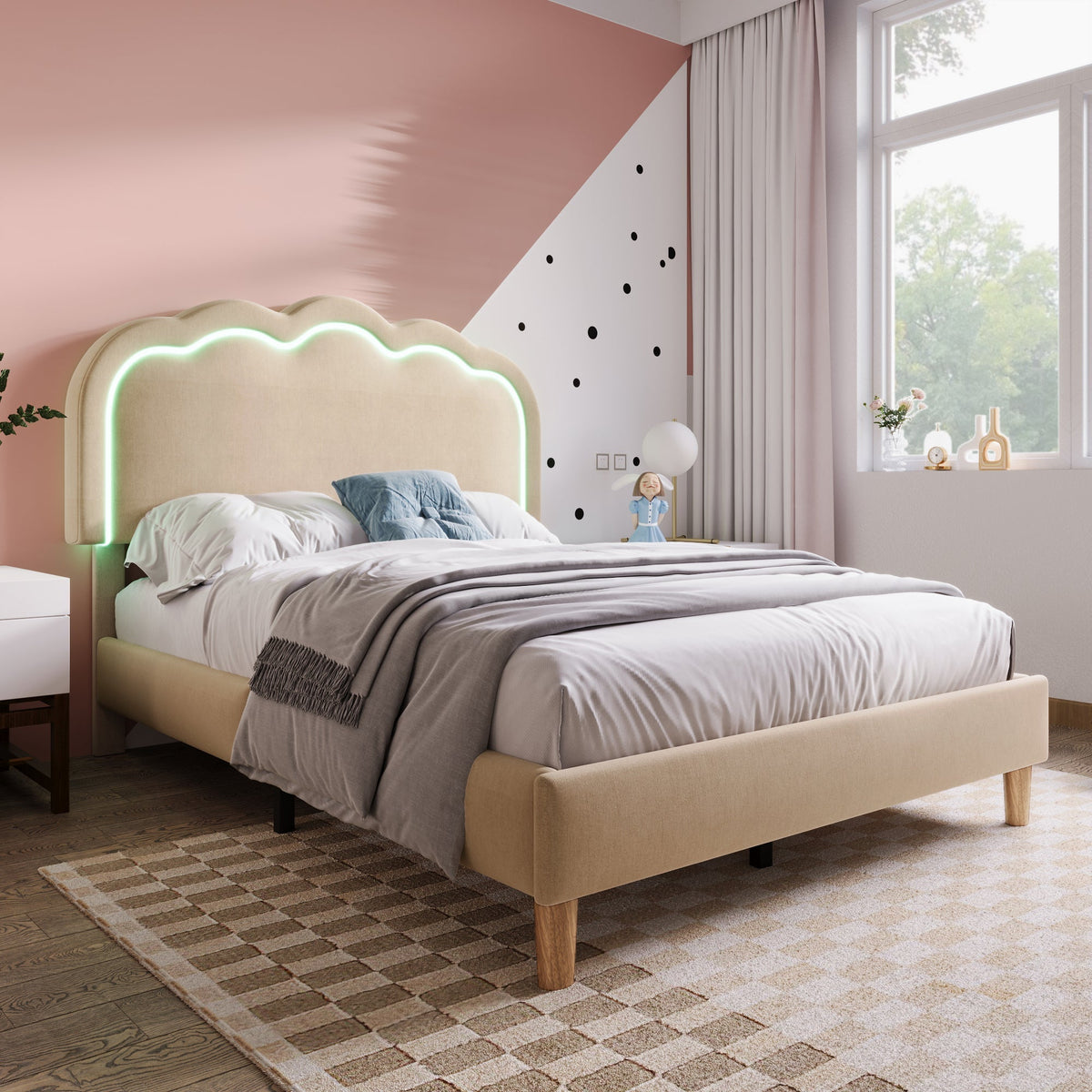 Upholstered Bed, LED single bed 90x200cm with slatted frame and adjustable headboard, beige linen