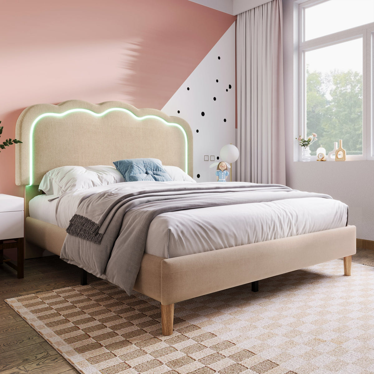 Upholstered Bed, 140x200cm LED Double with Adjustable Headboard, Beige Linen