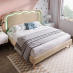 Upholstered Bed, 140x200cm LED Double with Adjustable Headboard, Beige Linen
