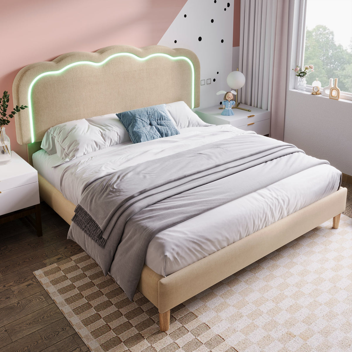Upholstered Bed, 140x200cm LED Double with Adjustable Headboard, Beige Linen