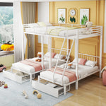 Triple Bunk Bed, Drawers, Convertible to Double & Two Single Beds, Metal Frame, White