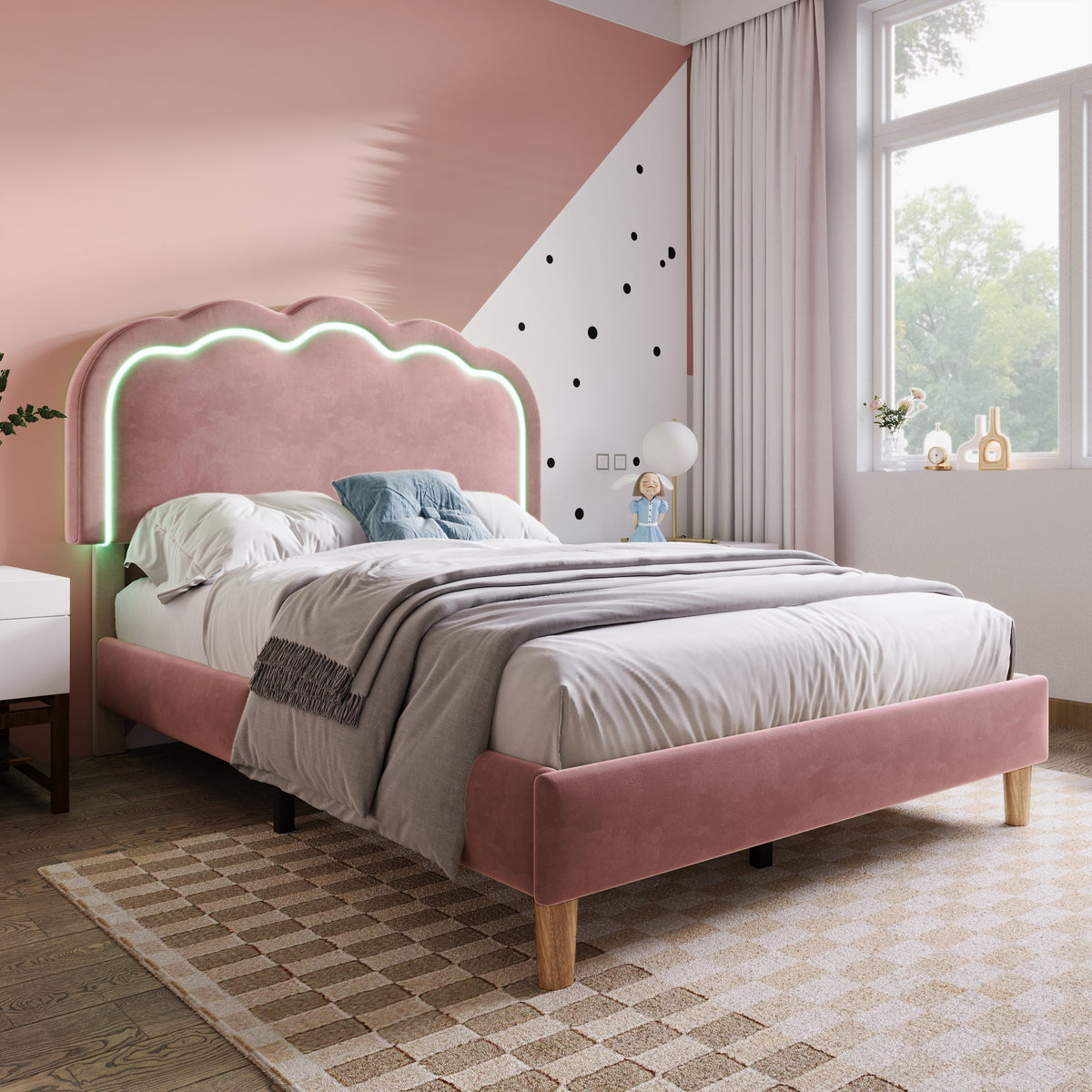Upholstered bed LED single bed 90 x 190cm, bed frame with slatted frame and adjustable headboard, pink velvet