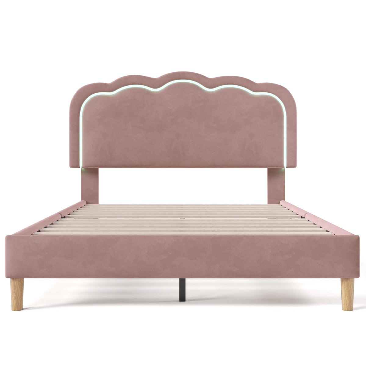 Upholstered Bed, 140x200cm LED Double with Adjustable Headboard, Pink Velvet