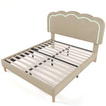 Upholstered Bed, 140x200cm LED Double with Adjustable Headboard, Beige Linen