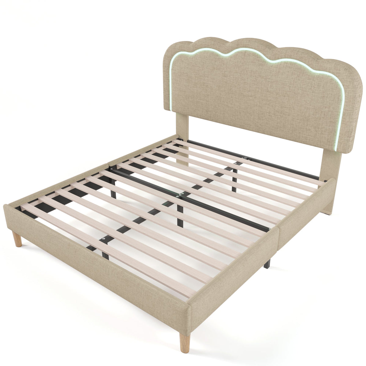 Upholstered Bed, 140x200cm LED Double with Adjustable Headboard, Beige Linen
