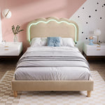 Upholstered Bed, LED single bed 90x200cm with slatted frame and adjustable headboard, beige linen