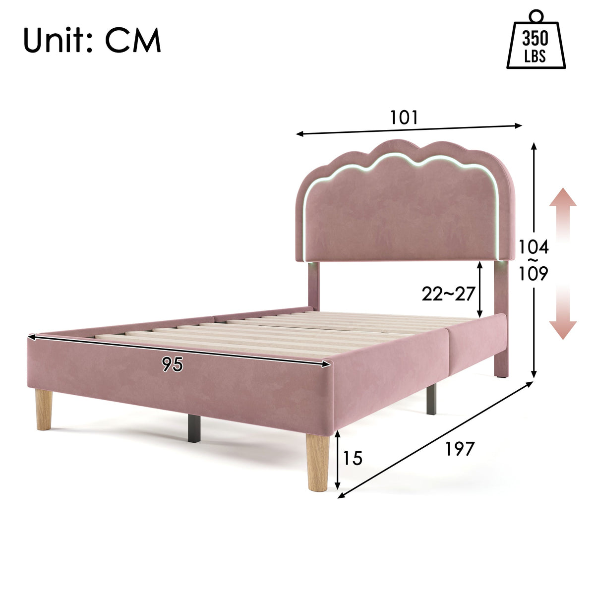 Upholstered bed LED single bed 90 x 190cm, bed frame with slatted frame and adjustable headboard, pink velvet