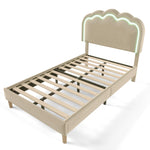 Upholstered Bed, LED single bed 90x200cm with slatted frame and adjustable headboard, beige linen