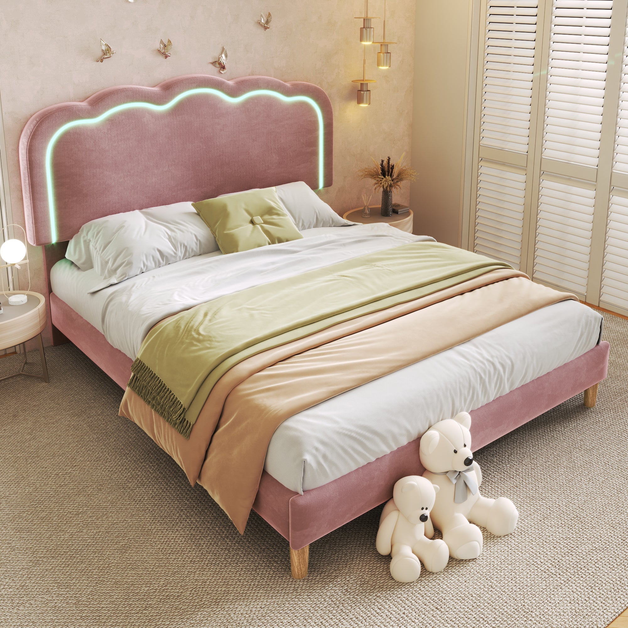 Upholstered Bed, 140x200cm LED Double with Adjustable Headboard, Pink Velvet