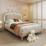 Upholstered Bed, LED single bed 90x200cm with slatted frame and adjustable headboard, beige linen