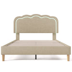 Upholstered Bed, 140x200cm LED Double with Adjustable Headboard, Beige Linen