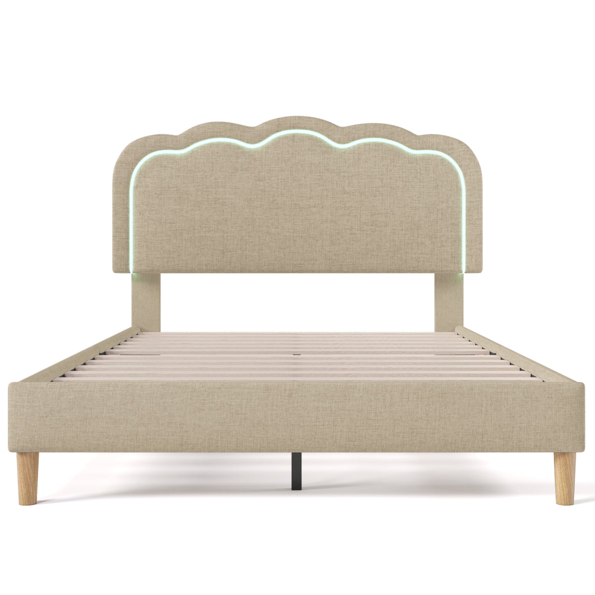Upholstered Bed, 140x200cm LED Double with Adjustable Headboard, Beige Linen
