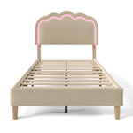 Upholstered Bed, LED single bed 90x200cm with slatted frame and adjustable headboard, beige linen