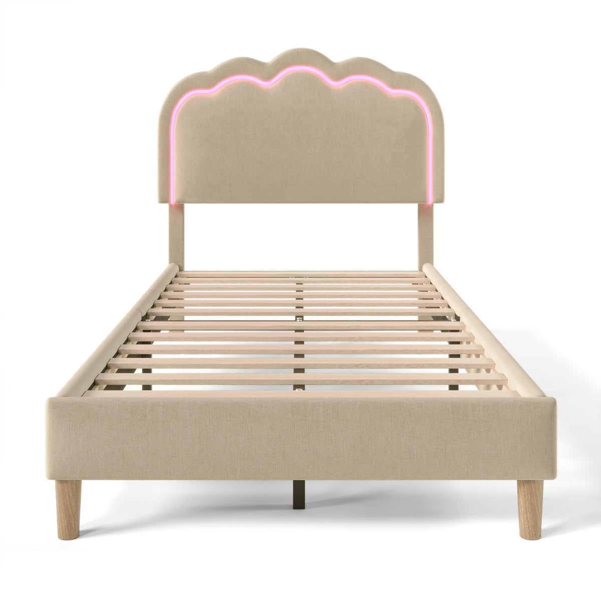 Upholstered Bed LED Single 90 x 190 cm with Adjustable Headboard, Beige Linen