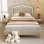 Upholstered Bed, LED single bed 90x200cm with slatted frame and adjustable headboard, beige linen