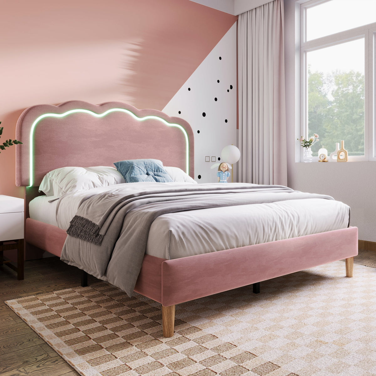 Upholstered Bed, 140x200cm LED Double with Adjustable Headboard, Pink Velvet