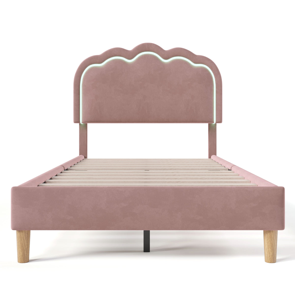 Upholstered bed LED single bed 90 x 190cm, bed frame with slatted frame and adjustable headboard, pink velvet