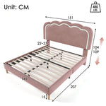 Upholstered Bed, 140x200cm LED Double with Adjustable Headboard, Pink Velvet
