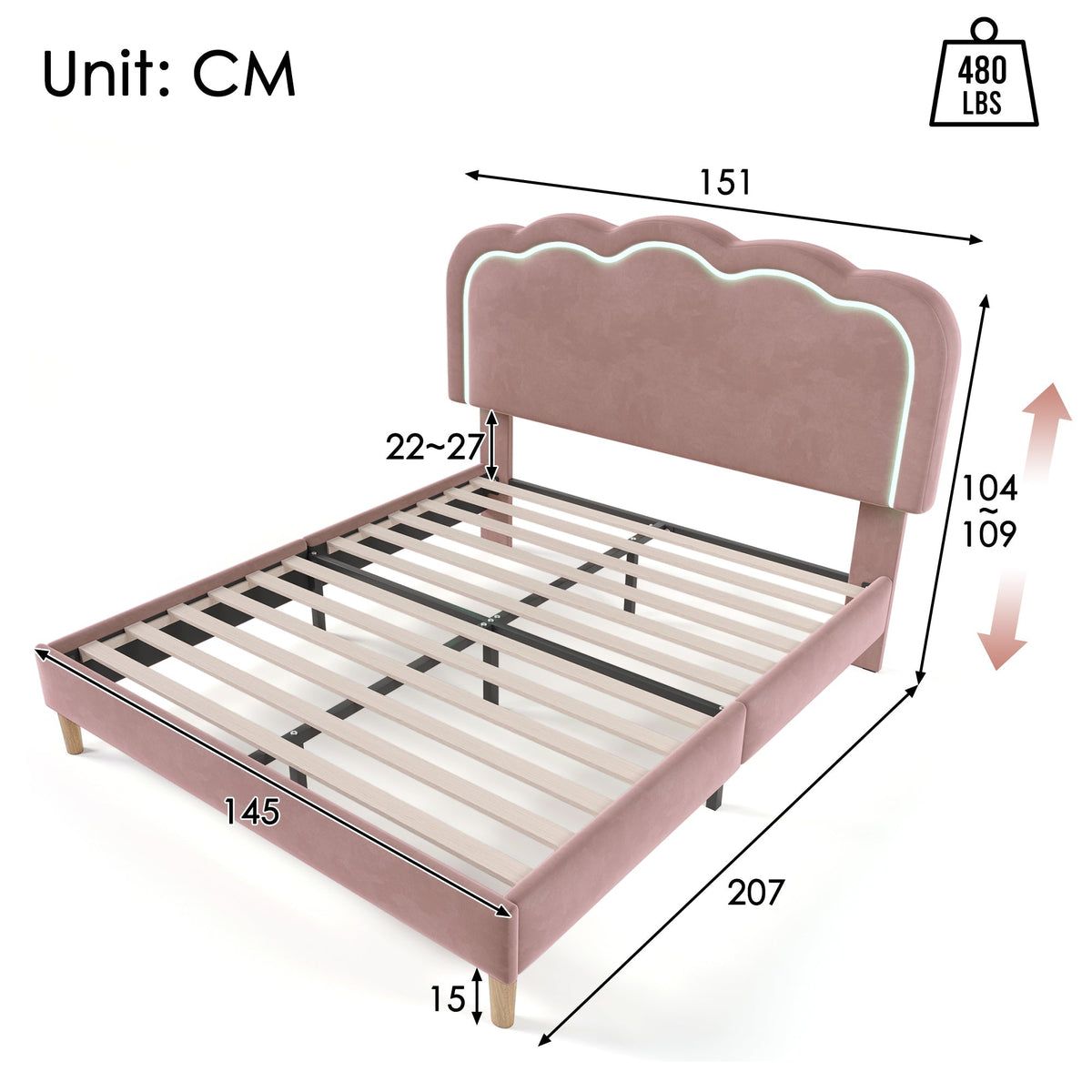 Upholstered Bed, 140x200cm LED Double with Adjustable Headboard, Pink Velvet