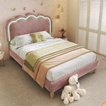 Upholstered bed LED single bed 90 x 190cm, bed frame with slatted frame and adjustable headboard, pink velvet