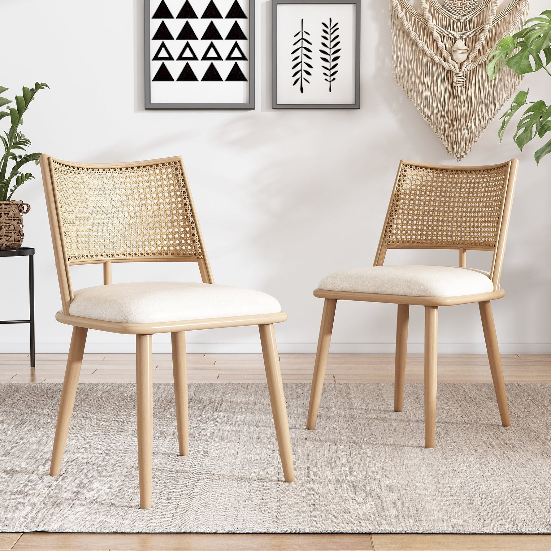 Dining Chairs Set of 6 with PU Seat and Rattan Backrest, Beige