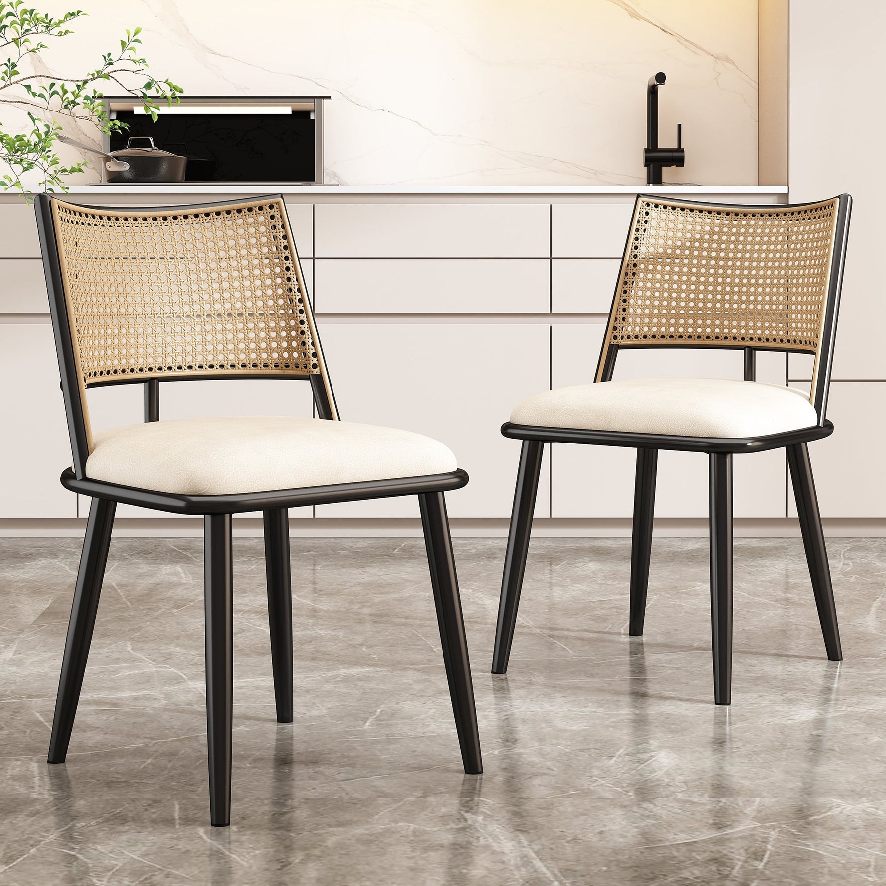 Dining Chairs Set of 4 with PU Seat and Rattan Backrest, Black