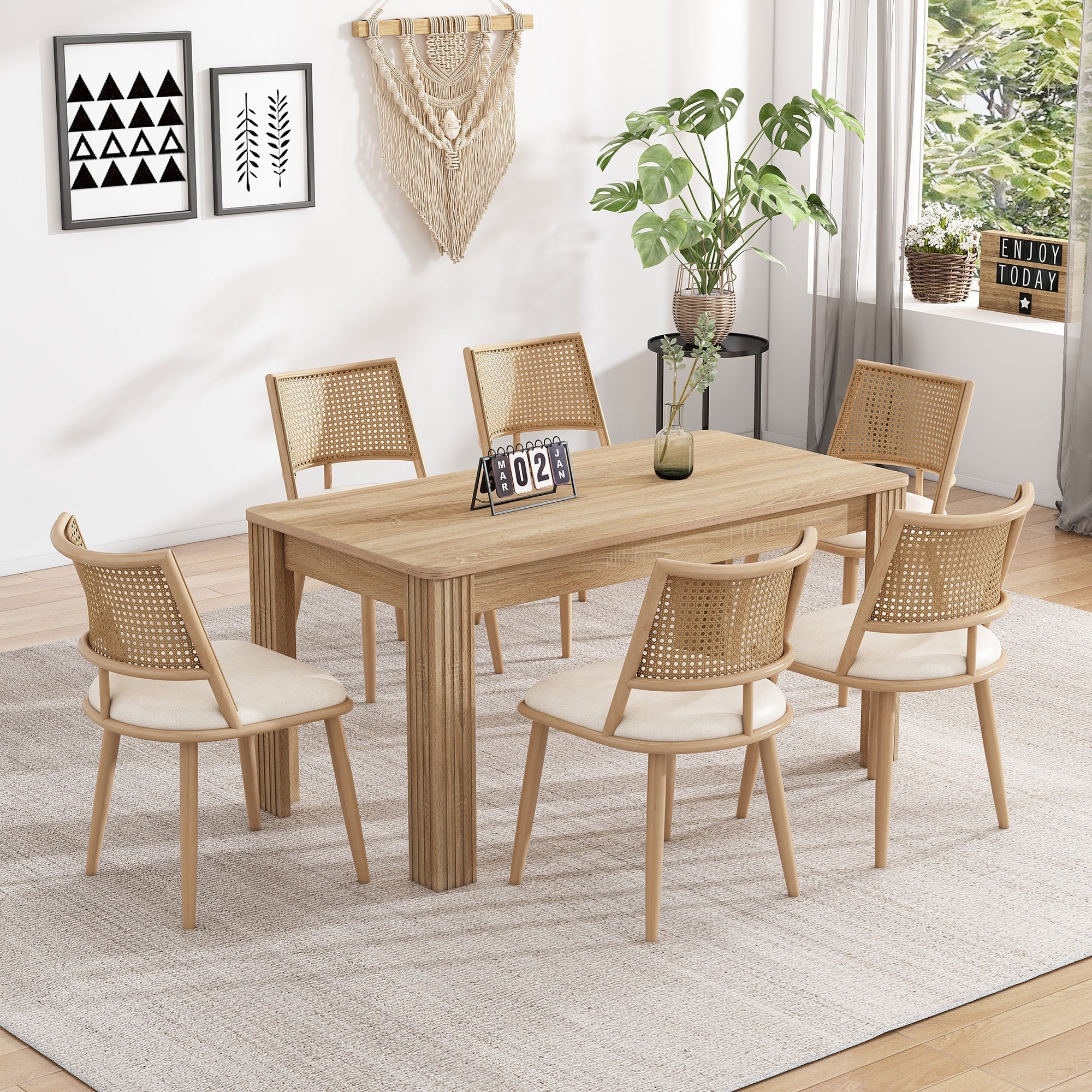 Dining Chairs Set of 6 with PU Seat and Rattan Backrest, Beige