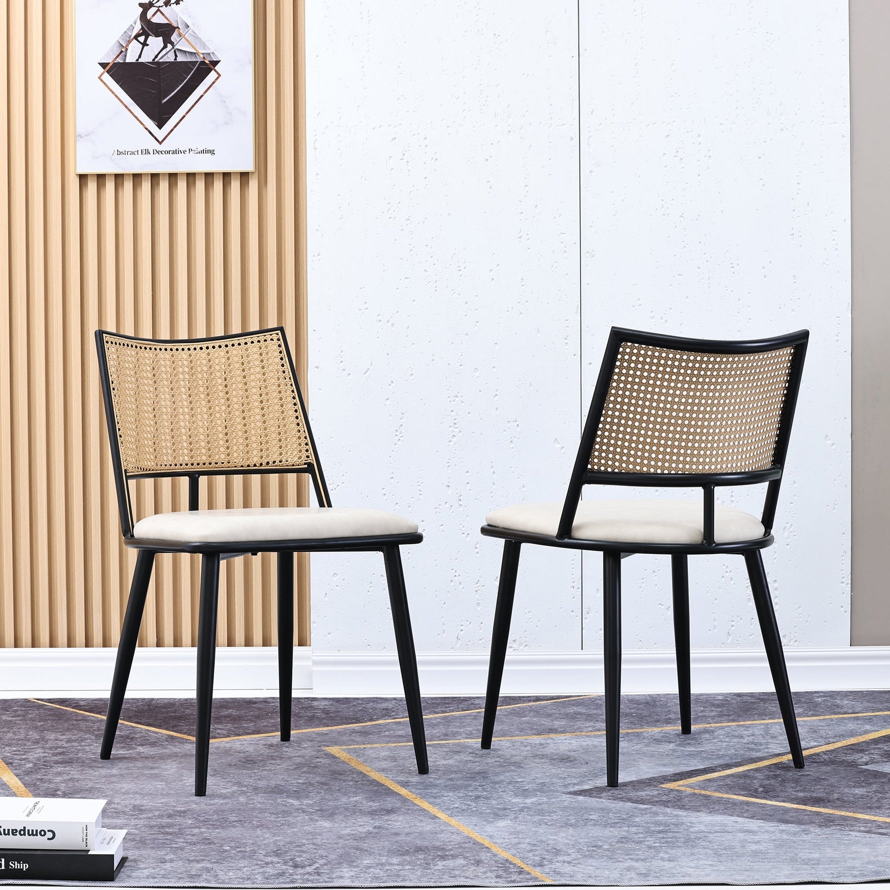 Dining Chairs Set of 4 with PU Seat and Rattan Backrest, Black