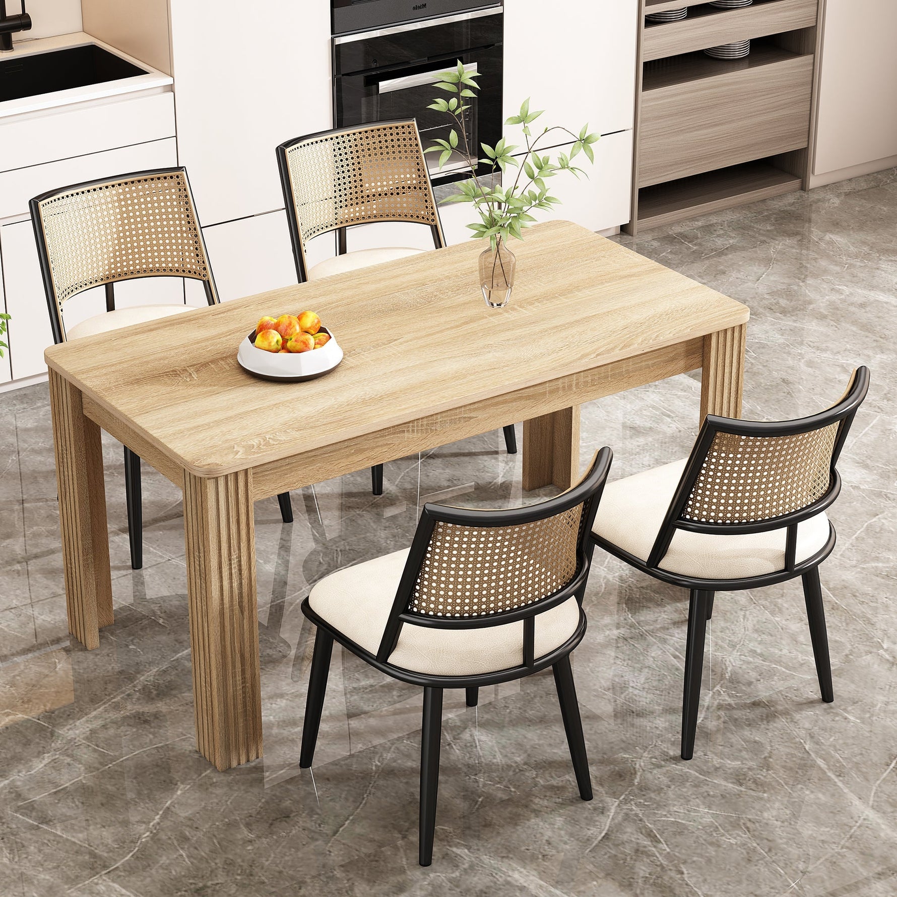 Set of 6 Dining Chairs Rattan Backrest PU Seat Black