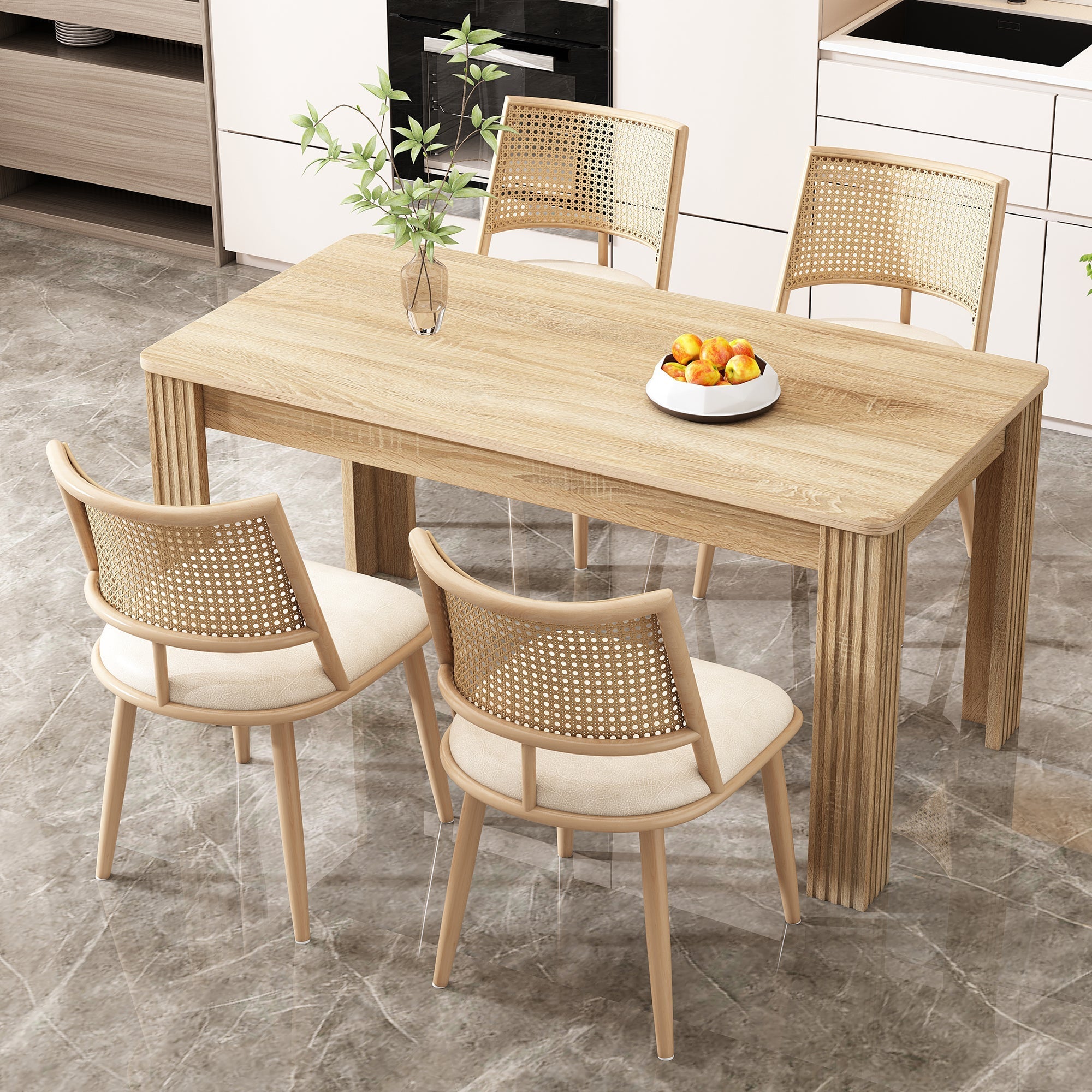 Dining Chairs Set of 4 PU Seat Rattan Backrest - Beige