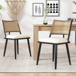 2 Dining Chairs PU Seat Rattan Backrest - Black