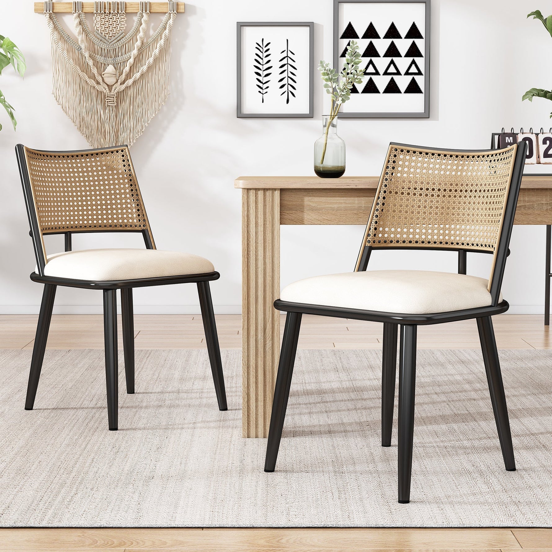 Dining Chairs Set of 4 with PU Seat and Rattan Backrest, Black