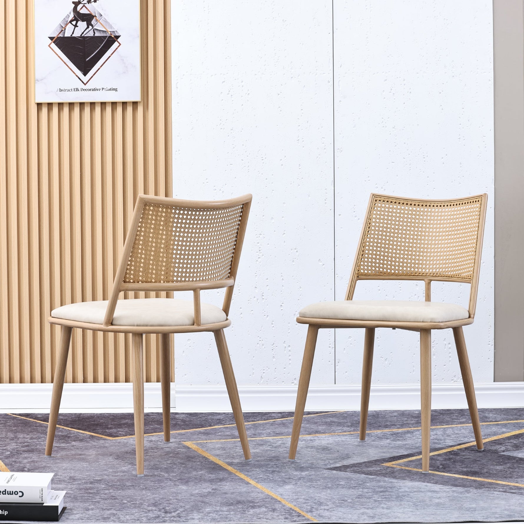 Dining Chairs Set of 4 PU Seat Rattan Backrest - Beige
