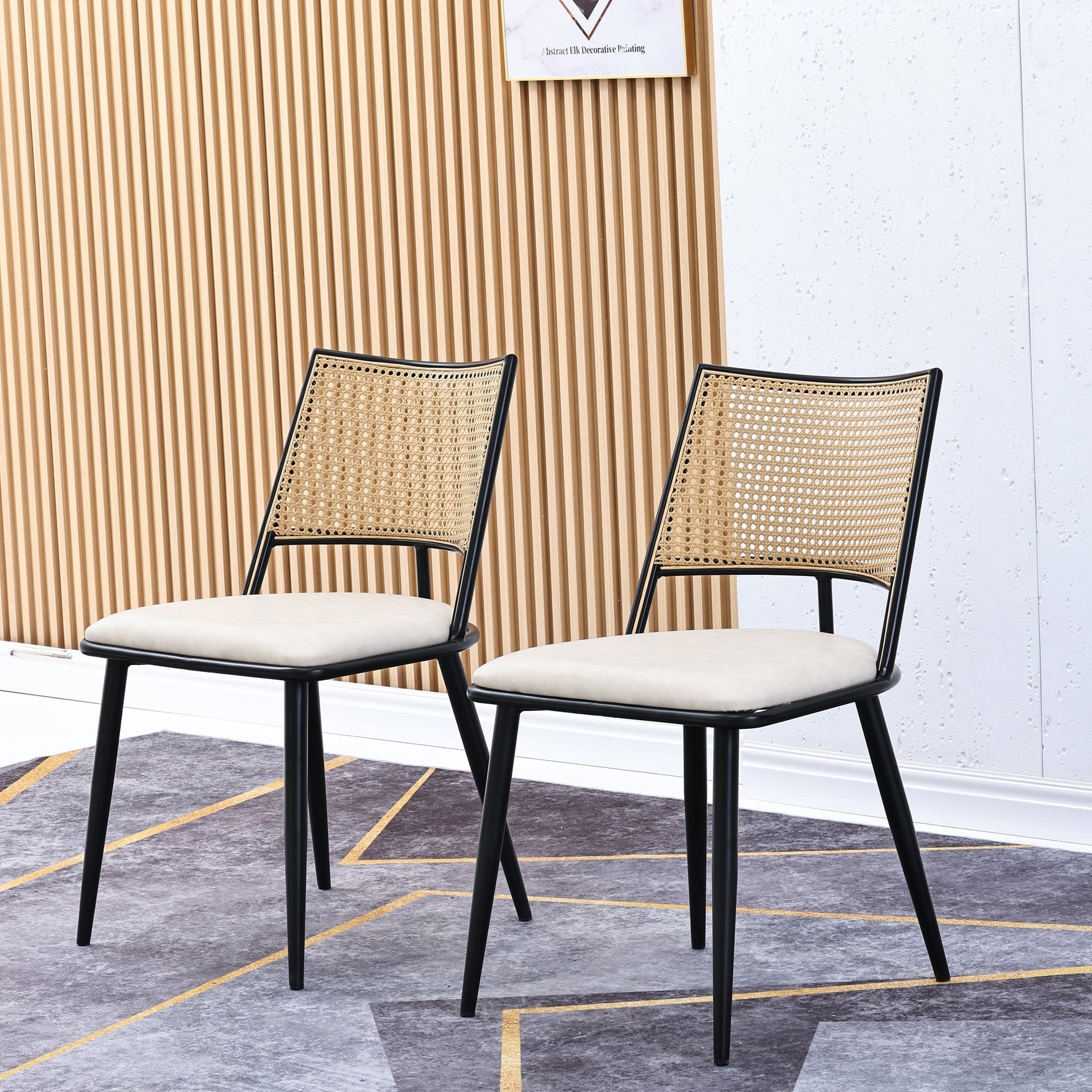 Dining Chairs Set of 4 with PU Seat and Rattan Backrest, Black
