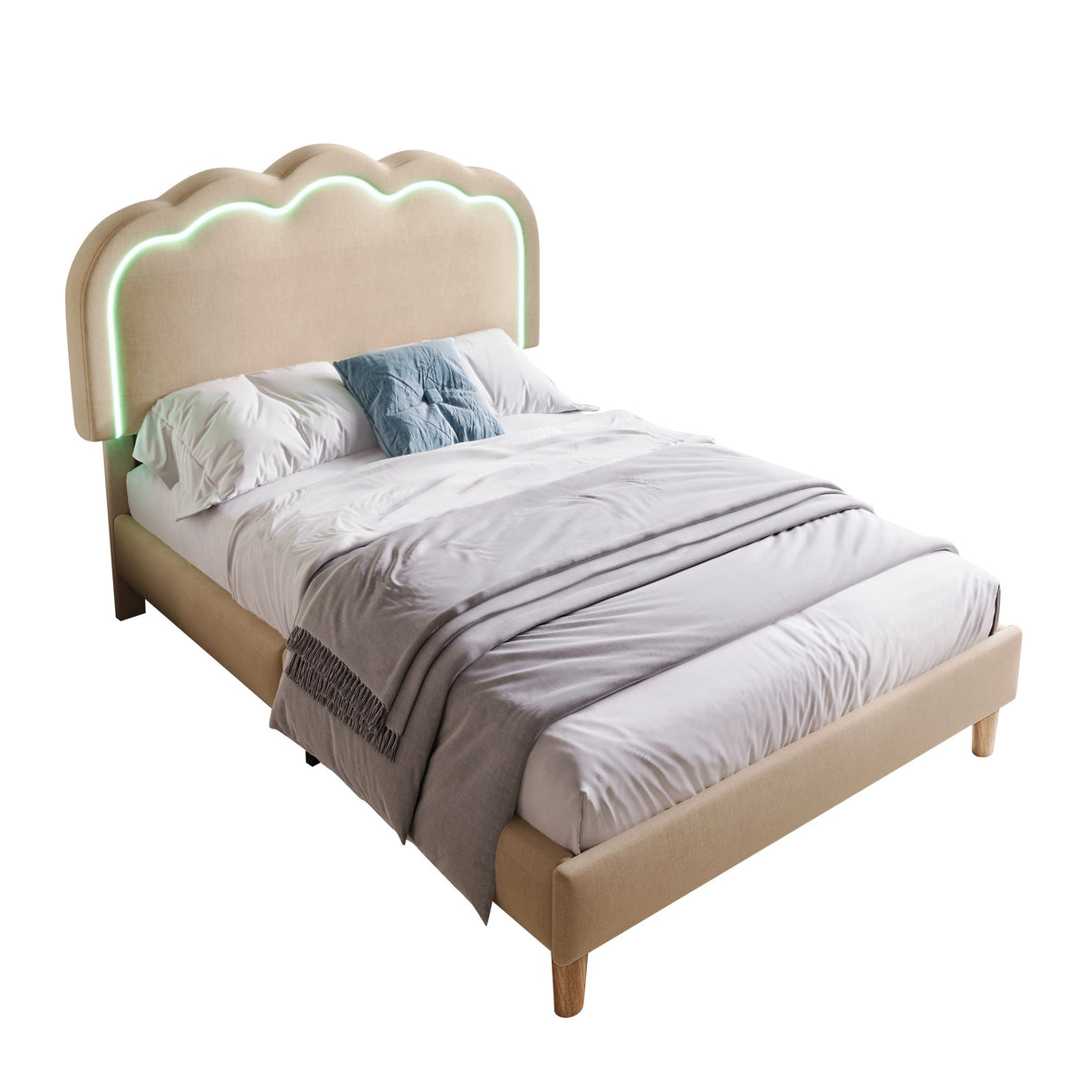 Upholstered Bed LED Single 90 x 190 cm with Adjustable Headboard, Beige Linen