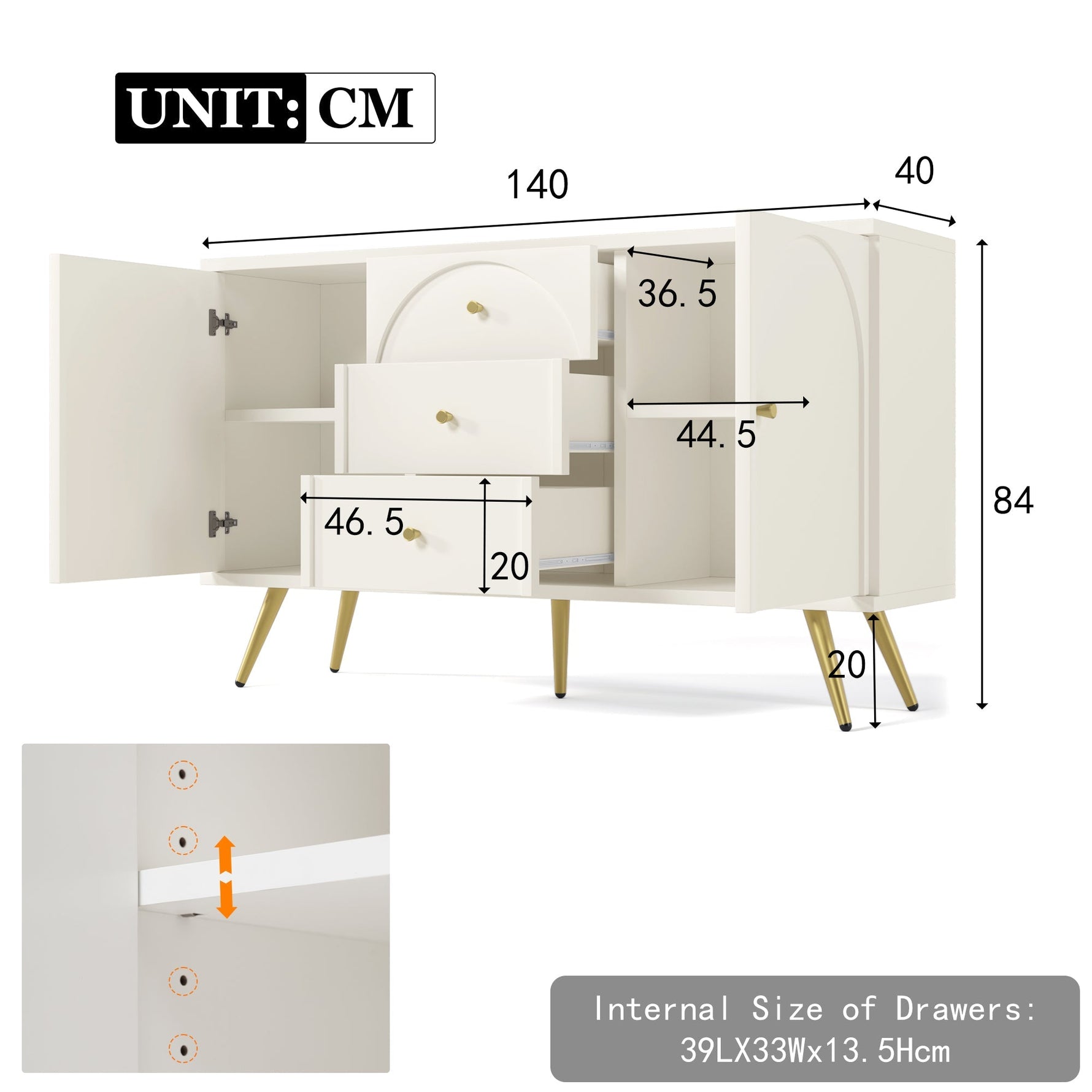 Chest of Drawers, 2 Doors, 3 Drawers, Adjustable Shelf, Cream-White