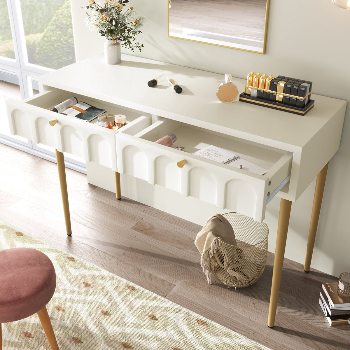 Dressing table 2 drawers 76.5cm height, chest of drawers cream-white