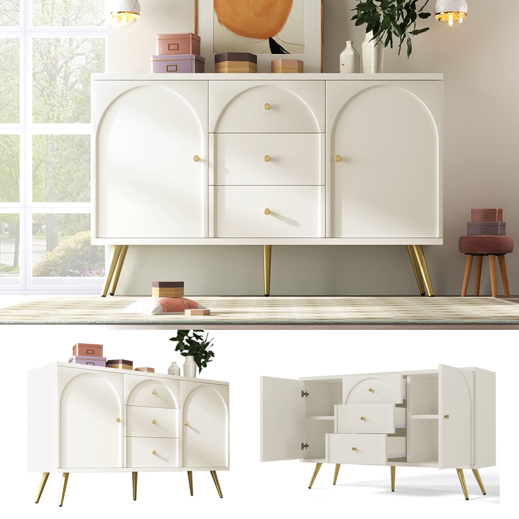 Chest of Drawers, 2 Doors, 3 Drawers, Adjustable Shelf, Cream-White