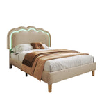 Upholstered Bed, LED single bed 90x200cm with slatted frame and adjustable headboard, beige linen
