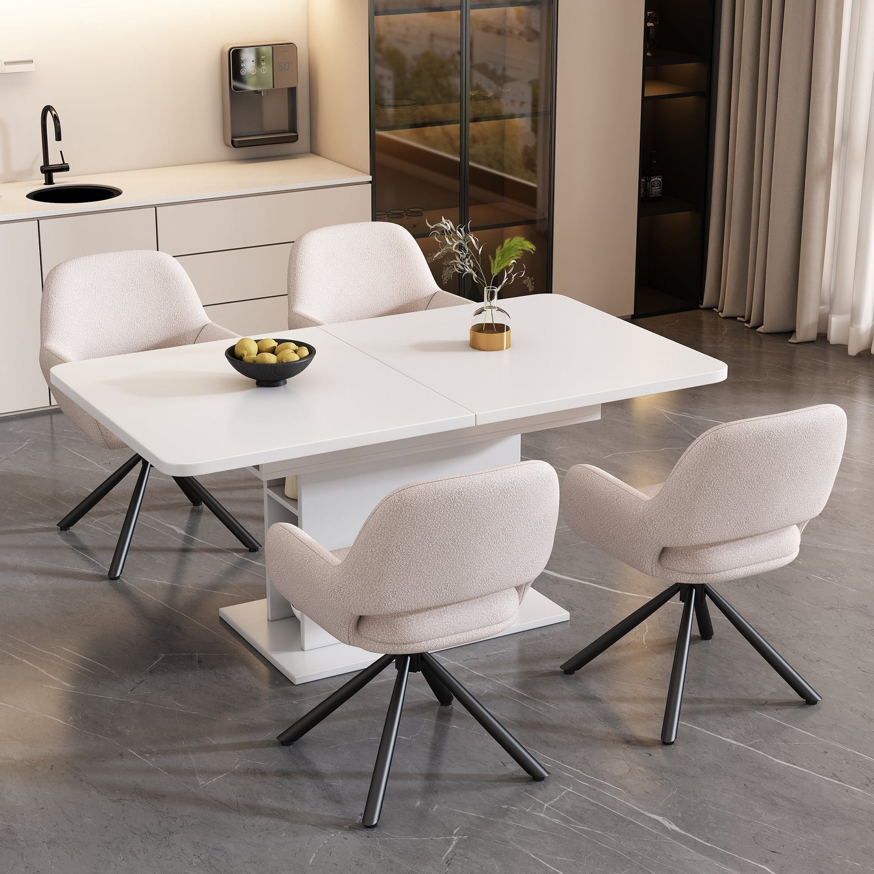 Dining Chair Swivel Set of 4 with Handrails - Sherpa White