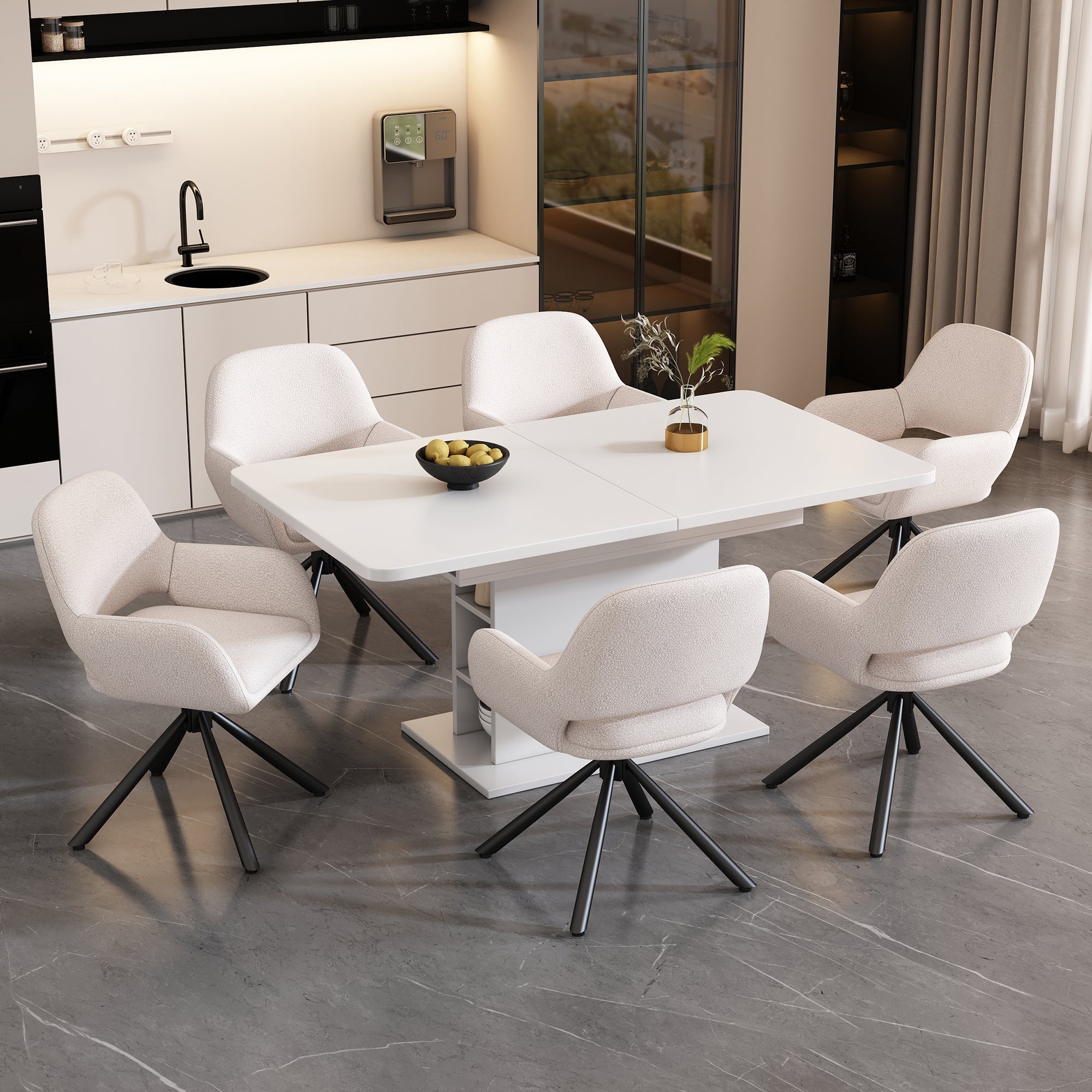 Dining Chairs, Set of 6 with Swivel and Handrails, White Sherpa Fabric