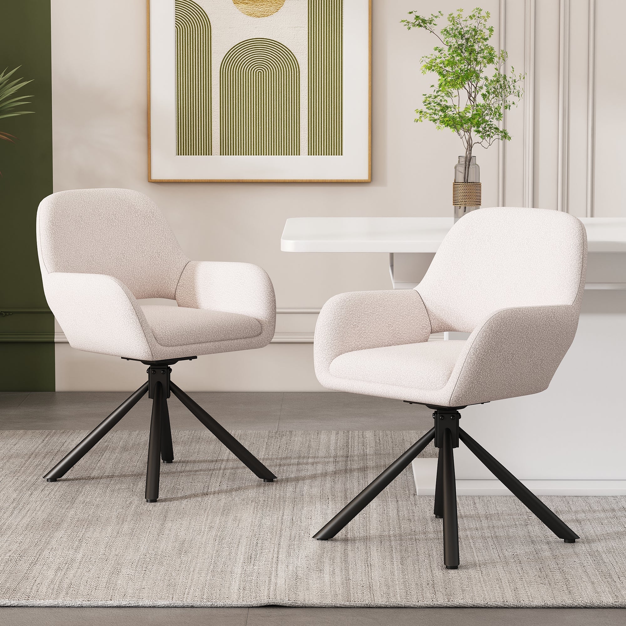 Swivel Dining Chair Set of 2 Sherpa Armrests - White