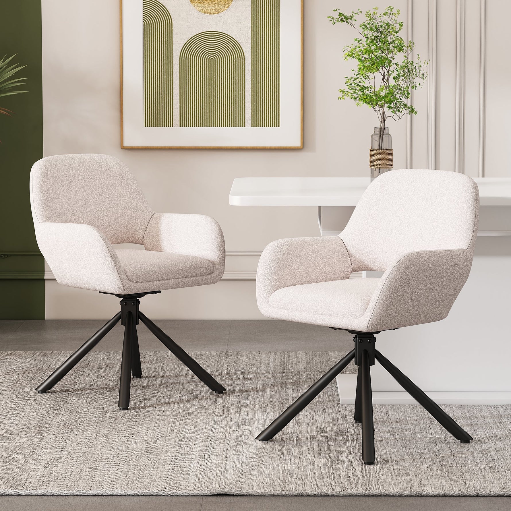 Dining Chairs, Set of 6 with Swivel and Handrails, White Sherpa Fabric